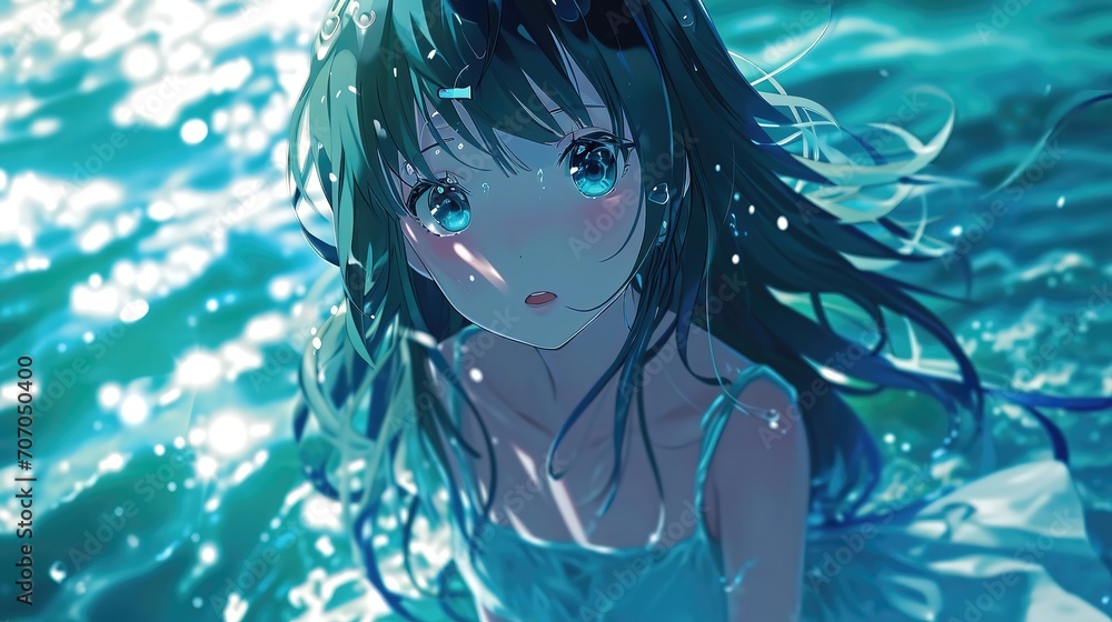 Anime girl wearing bikini in crystal clear ocean water, Generative Ai