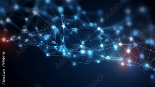 Abstract digital background with dots, molecules and lines on a dark blue background. Background of the technological network, banner, place to copy.