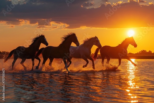 Horses running at sunset through shallow water of a lake © Hugo