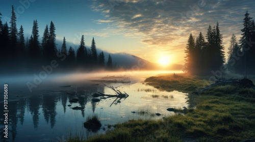 Calm atmosphere on a cold wild lake in the morning with sun rays. With the reflection of the water  the trees are cool.