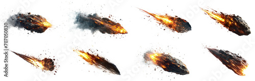 Set of meteor in the air engulfed in fire, cut out - stock png. photo