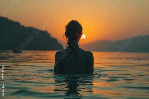 Back view of female silhouette  in rippling water and enjoying sunset