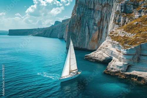 sailboat floating on sea with rocky cliff against sky on sunny day