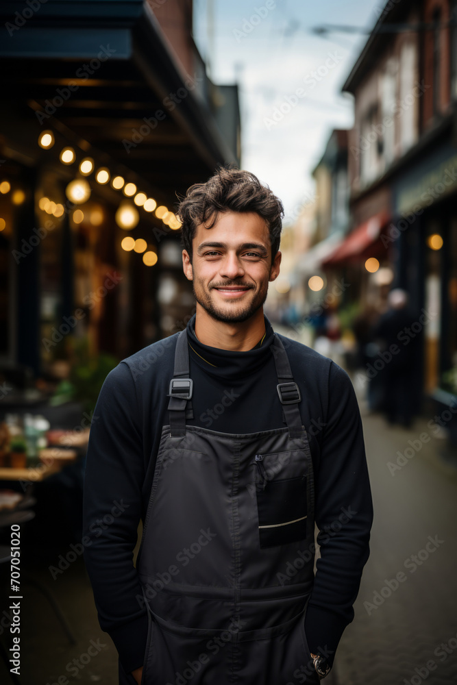 Fototapeta premium Small business owner proudly standing in front of their quaint, family-owned cafe, Generative AI