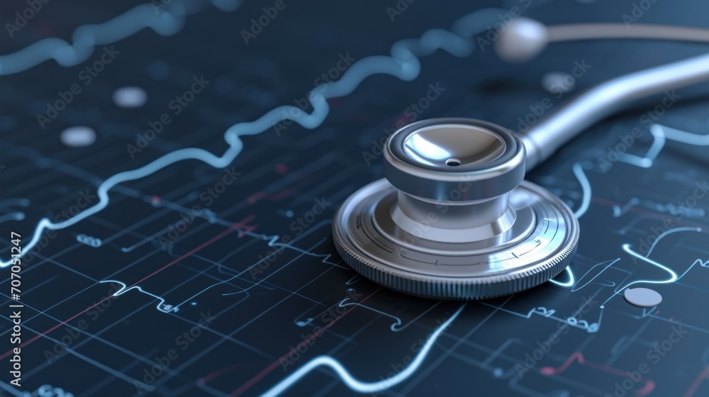 Artificial intelligence AI in Healthcare. Integration of AI in diagnostics and personalized medicine. Digital stethoscope with AI circuitry and data lines, set against a backdrop of heart rhythm ECG Artificial intelligence AI in Healthcare. Integration of AI in diagnostics and personalized medicine. Digital stethoscope with AI circuitry and data lines, set against a backdrop of heart rhythm ECG