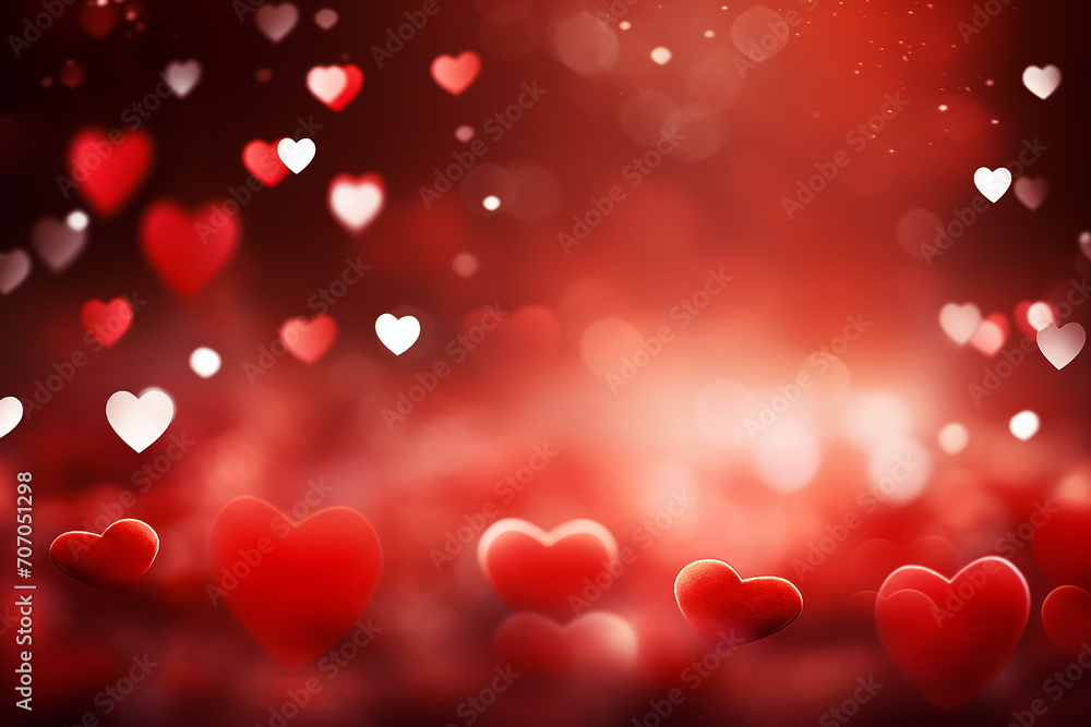 Red color abstract background surrounded by romantic atmosphere of floating hearts. Saint Valentine's Day 