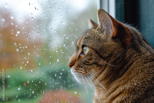 Pensive cat gazing out a rainy window