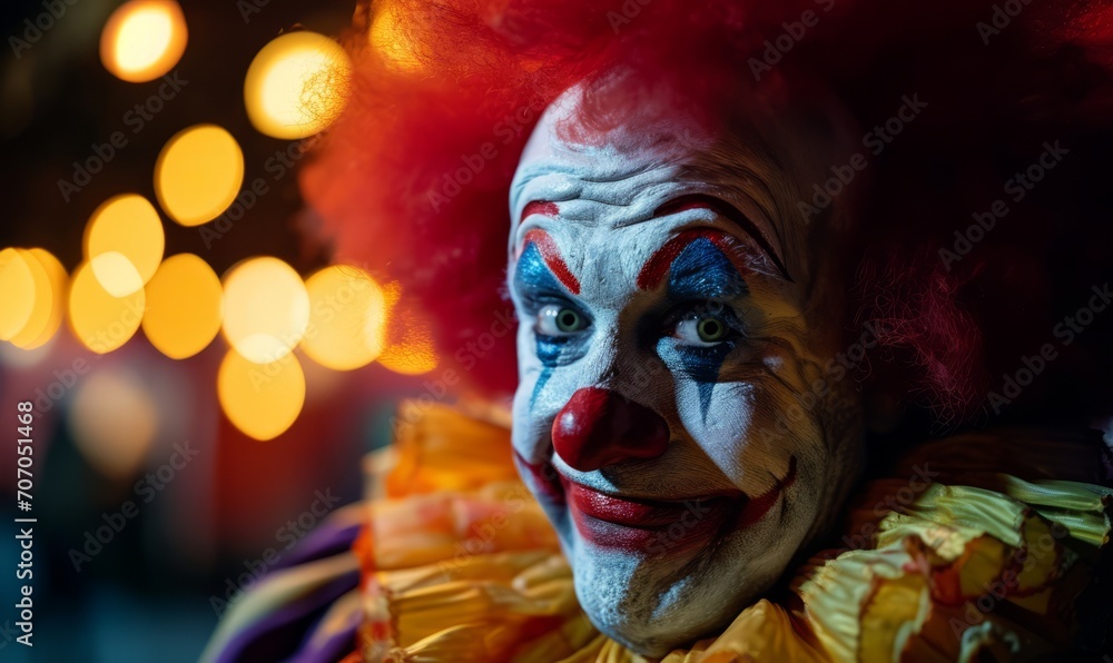 A clown in vibrant makeup and costume with a joyful expression, amidst twinkling lights.