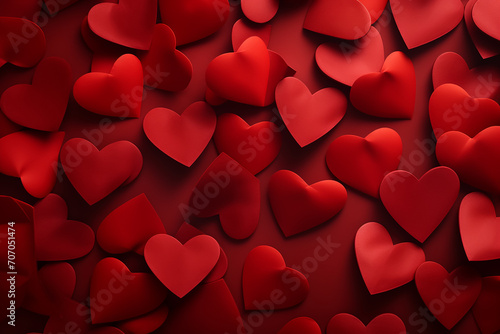 red color background surrounded by romantic atmosphere of floating Red heart shaped cutout papers 