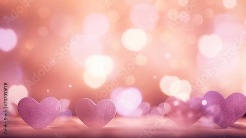 Pink hearts and bokeh lights on peach background, dreamy and romantic atmosphere for Valentine's Day