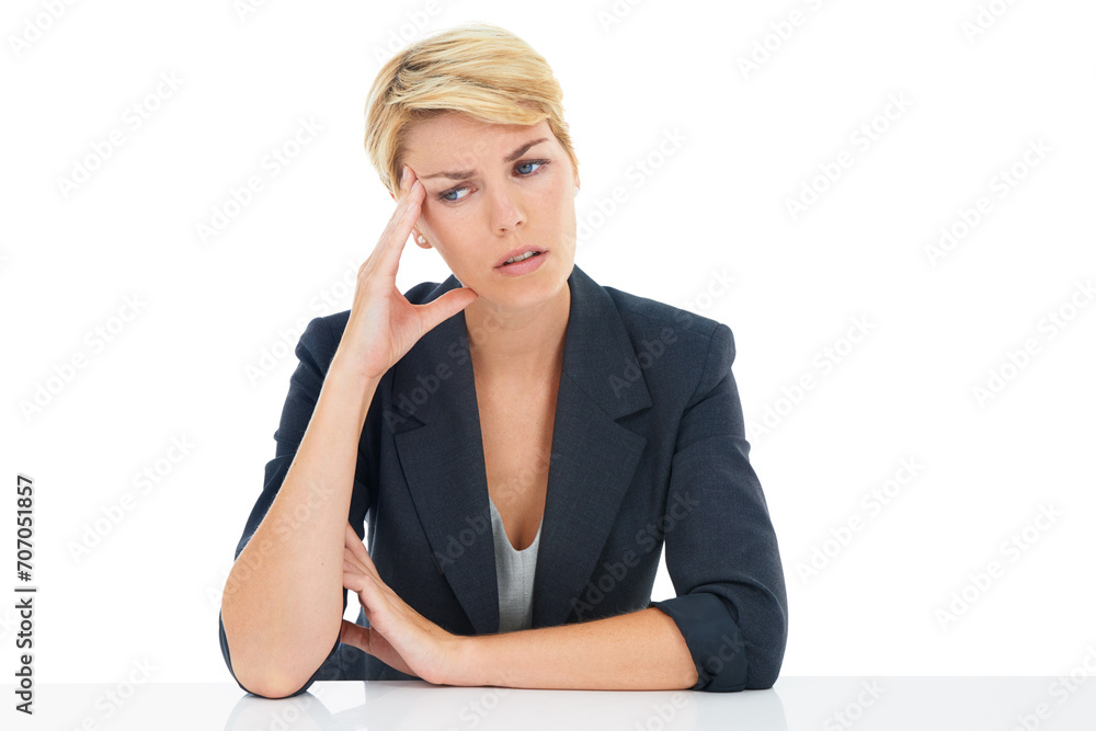 Headache, business woman and thinking of stress, anxiety or mental health in studio on white background. Worry, confused worker and crisis of burnout, brain fog and fatigue of mistake, doubt and debt Headache, business woman and thinking of stress, anxiety or mental health in studio on white background. Worry, confused worker and crisis of burnout, brain fog and fatigue of mistake, doubt and debt