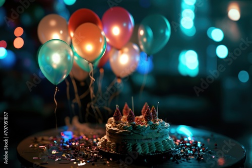 Un gâteau d'anniversaire avec des bougies, des ballons et des lumières brillantes photo