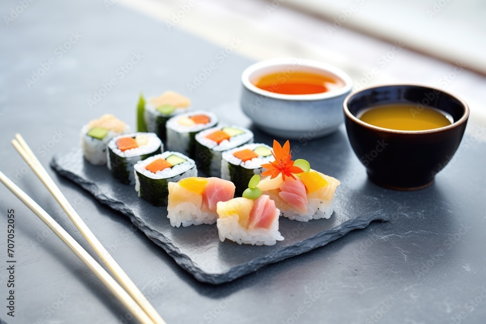 sushi rolls on a slate platter with soy sauce and chopsticks sushi rolls on a slate platter with soy sauce and chopsticks