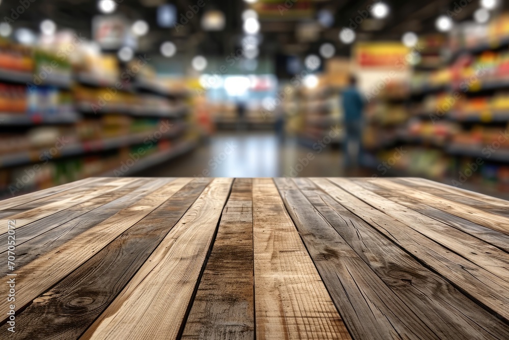 Empty wooden table and blurred background. Generative AI Empty wooden table and blurred background. Generative AI