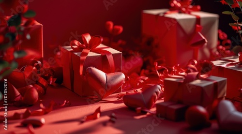 Jour de la Saint Valentin sur fond rouge avec des cadeaux en forme de coeur, compositions monochromatiques, sculptures en papier, blocs de couleurs vibrantes
