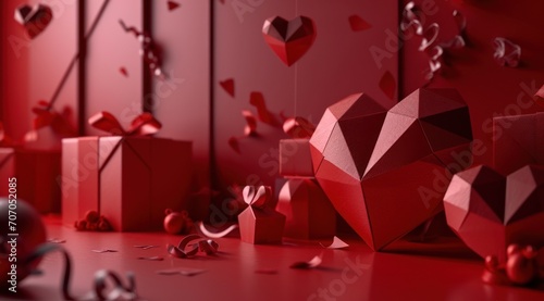 Jour de la Saint Valentin sur fond rouge avec des cadeaux en forme de coeur, compositions monochromatiques, sculptures en papier, blocs de couleurs vibrantes photo