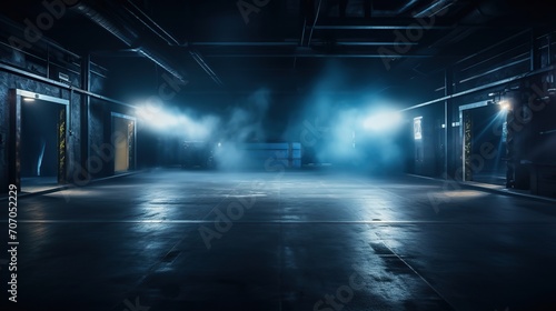Empty dark basement street, illuminated by dark blue street lights, dramatic backdrop