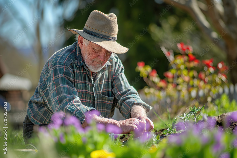 senior man gardening on beautiful spring day