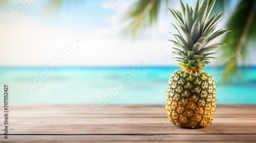 Fresh pineapple on wooden tabletop on background blurred summer beach with palms, Space for text