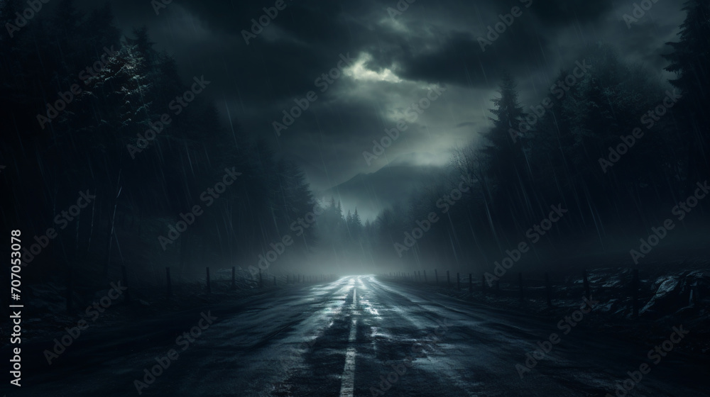 A dark and moody road surrounded by misty forests