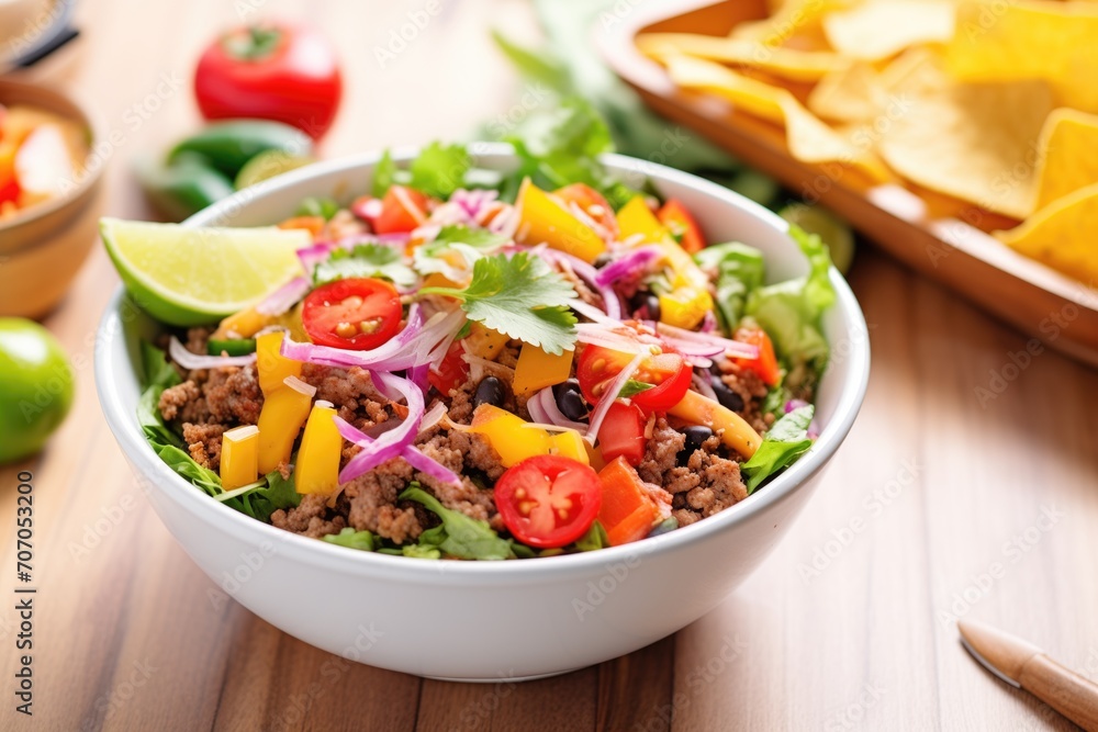 taco salad with colorful bell peppers and red onions taco salad with colorful bell peppers and red onions