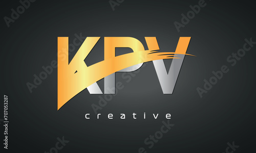 KPV Letters Logo Design with Creative Intersected and Cutted golden color