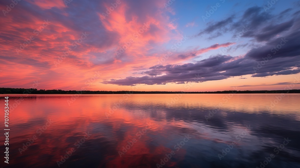 sunset in the Midwest with reflections of sunset light on a calm lake. sunset in the Midwest with reflections of sunset light on a calm lake.