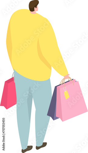 Overweight man carrying shopping bags, dressed in casual clothes. Conceptual for consumerism, retail therapy. Vector illustration