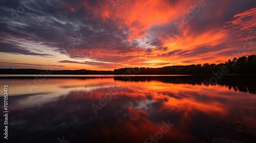 sunset in the Midwest with reflections of sunset light on a calm lake.