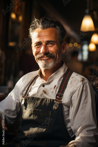 Small business owner operating a quaint barber shop, skillfully giving a traditional straight-razor shave, Generative AI