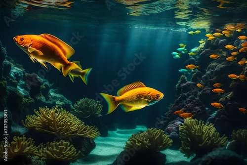 Create a dialogue between a wise old fish in an aquarium and a newcomer, as the elder imparts knowledge about the history and secrets of the underwater realm © Tayyab