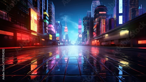deserted street in modern cyber city with skyscrapers at night