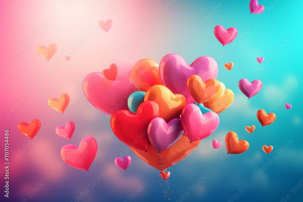 Colorful heart-filled Valentine's Day background with floating balloon illustrations. Generative AI