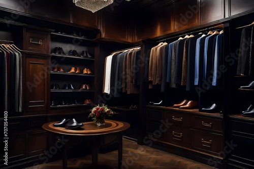 Design an alluring scene capturing the luxurious atmosphere of a male wardrobe in a boutique, adorned with expensive suits, designer shoes, and upscale clothing options