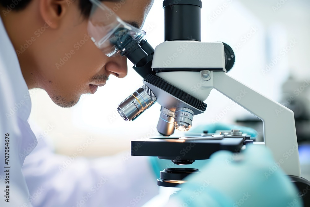 Scientist examining a specimen under a microscope, in a lab, against a clean, clinical white background. Scientist examining a specimen under a microscope, in a lab, against a clean, clinical white background.