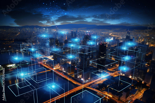 Future Smart City town Connected with Network: Night Cityscape with Smart City Street Buildings Line and Dot Connect Big Data Connection Technology in Digital Transformation Background © chinthaka