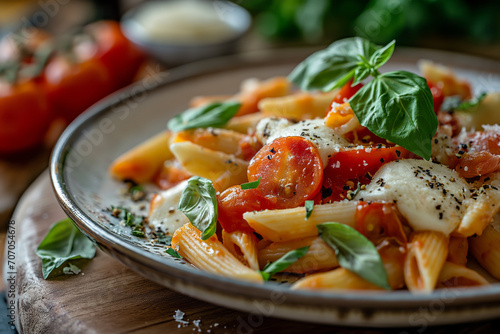 Penne pasta with mozzarella tomatoes and basil. photo