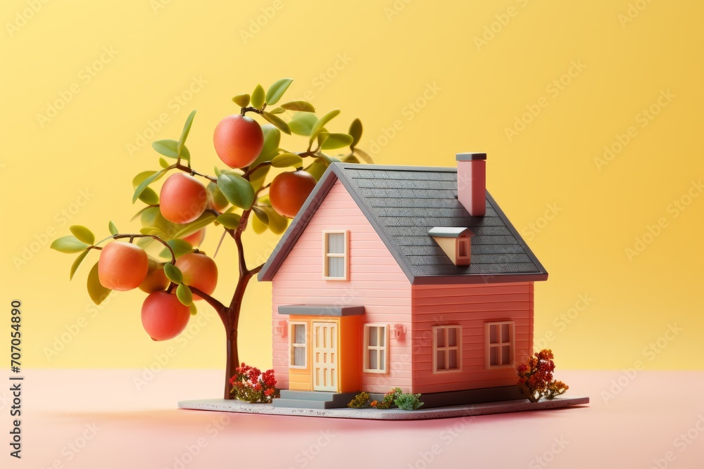 3D Render of a Peachy Pink Dream House, on an isolated Lemon Sorbet Yellow background, Generative AI