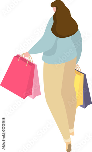 Woman walking with shopping bags, casual clothes, consumerism concept. Happy female shopper enjoying retail therapy. Vector illustration