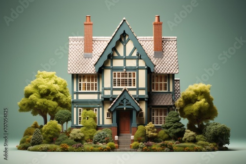 3D Render of a Pastel Yellow Tudor Home, on an isolated Mint Green background, Generative AI