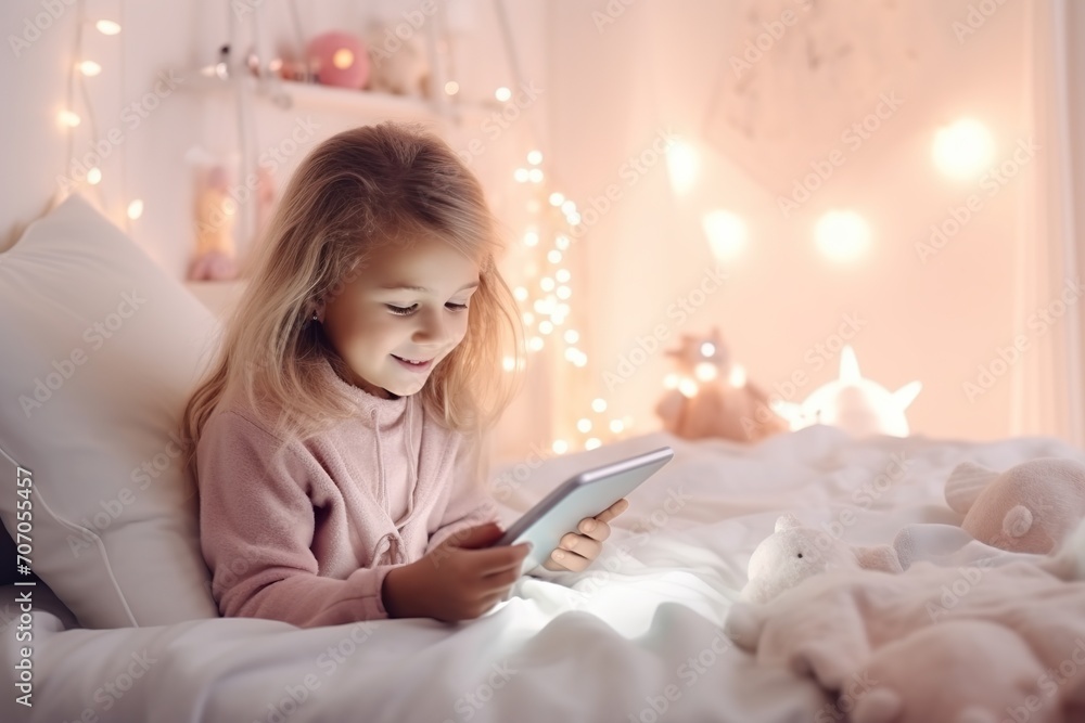 Little girl lying on bed and watching cartoons on tablet Little girl lying on bed and watching cartoons on tablet