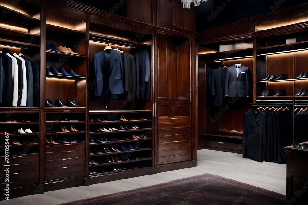 Design an elegant scene portraying the lavishness of a boutique shop's male wardrobe, filled with an impressive collection of expensive suits, designer shoes, and stylish clothes