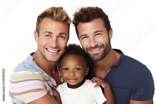 Young gay couple with child on white background