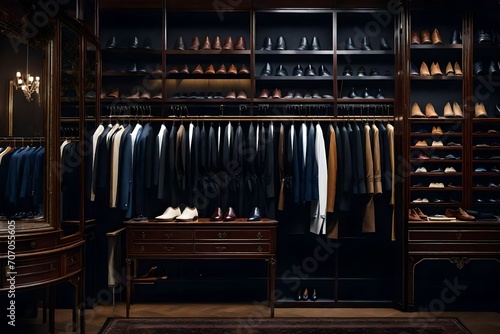 Capture the opulence of a luxury male wardrobe in a boutique shop, showcasing a photo filled with expensive suits, shoes, and other exquisite clothing items