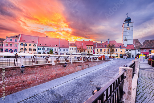 Sibiu, Romania. Lesser Square and Council Tower, Transylvania travel place.