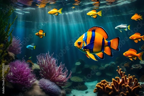 Write a descriptive piece about the mesmerizing colors and graceful movements of tropical fish swimming in a vibrant aquarium