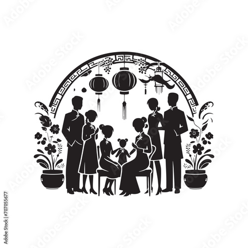 Ancestral Togetherness  Joyous Chinese Family Reunion Silhouette - Chinese New Year Silhouette - Chinese Family Vector 
