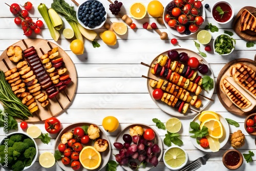 Vegan summer bbq or picnic table scene.Above view on a white wood banner background. Fruit, grilled vegetables, skewers, cauliflower steak and lemonade. Meat substitute concept.