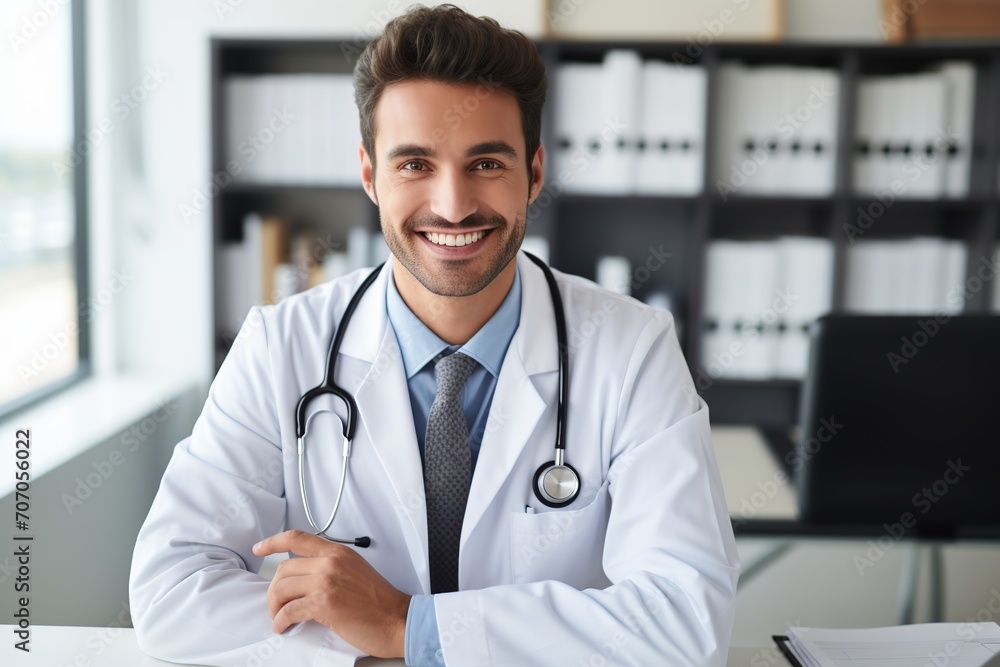 Portrait of young doctor man sitting in cabinet Portrait of young doctor man sitting in cabinet