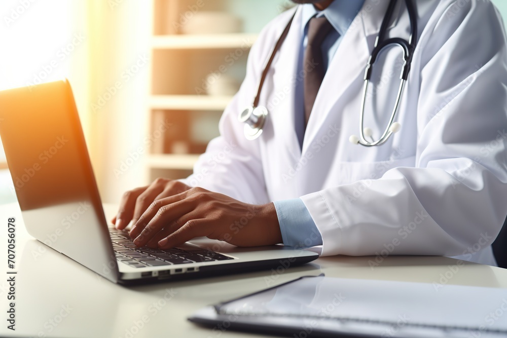 Young doctor intern sitting at desk with laptop Young doctor intern sitting at desk with laptop